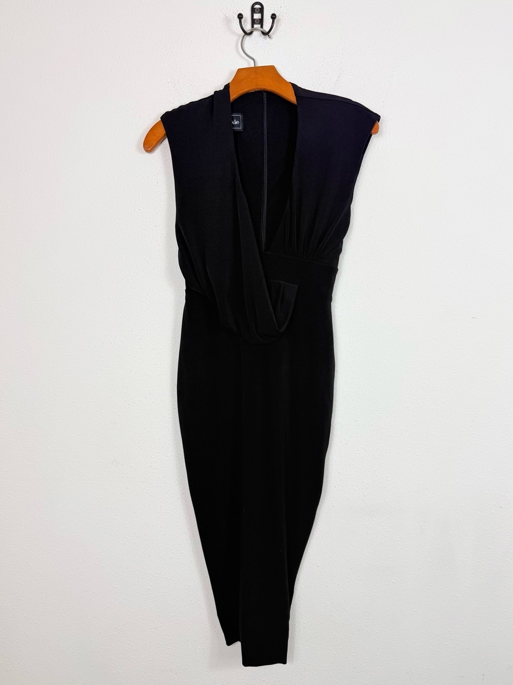 Nookie Black Sleeveless Plunge V Neck Draped Crossover Wrap Midi Cocktail Dress